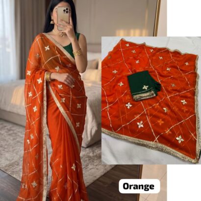 Orange Designer Georgette Saree with Kacha Gotta work, original royal georgette fabric, lightweight ethnic party wear saree.