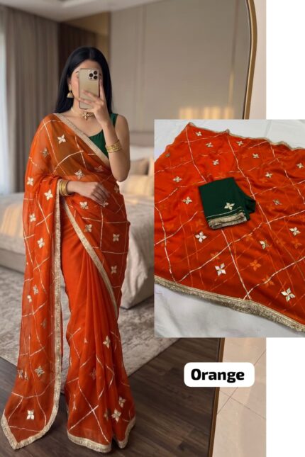 Orange Designer Georgette Saree with Kacha Gotta work, original royal georgette fabric, lightweight ethnic party wear saree.