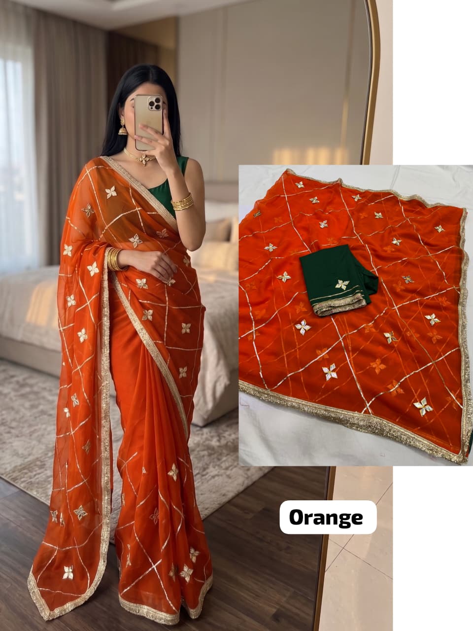 Orange Designer Georgette Saree with Kacha Gotta work, original royal georgette fabric, lightweight ethnic party wear saree.