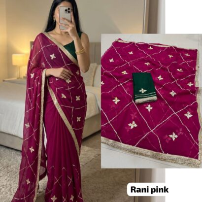 Rani Pink Designer Georgette Saree with Kacha Gotta work, premium royal georgette fabric, beautiful party wear saree.
