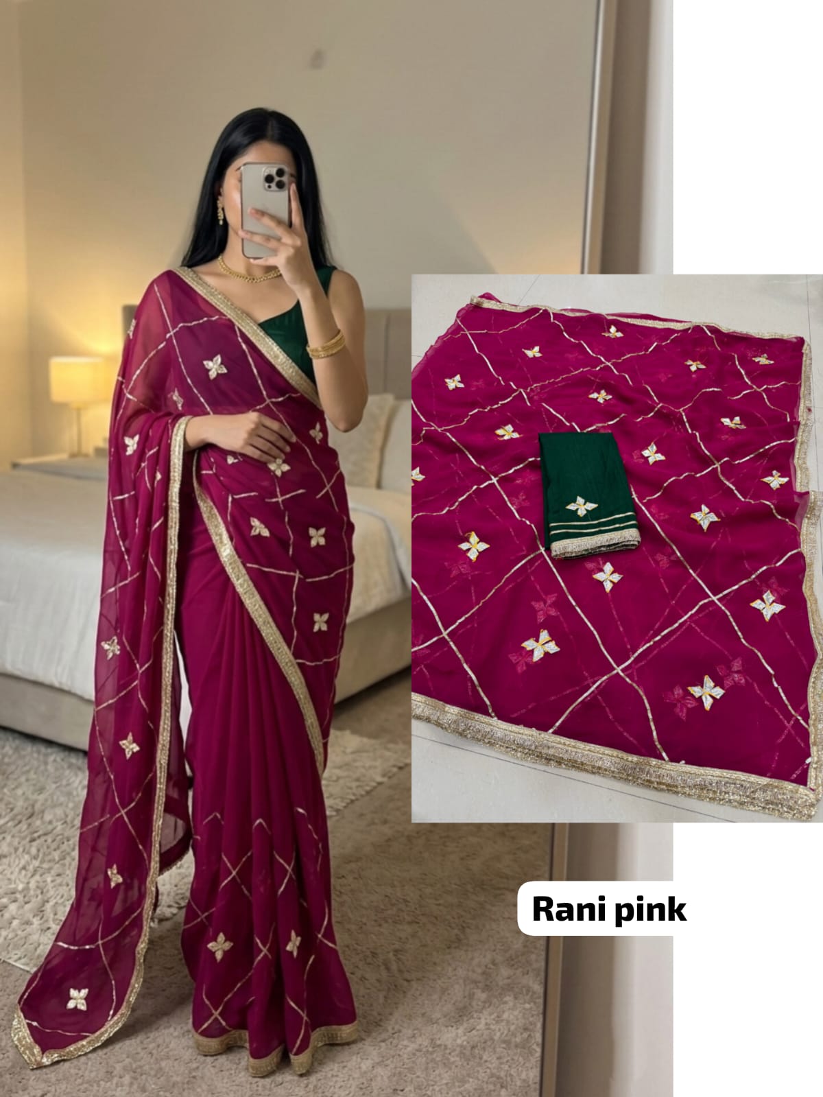 Rani Pink Designer Georgette Saree with Kacha Gotta work, premium royal georgette fabric, beautiful party wear saree.