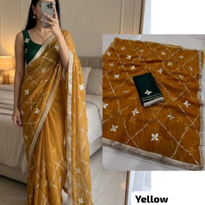 Mustard Yellow Designer Georgette Saree with Kacha Gotta work, lightweight royal georgette fabric, elegant traditional saree.