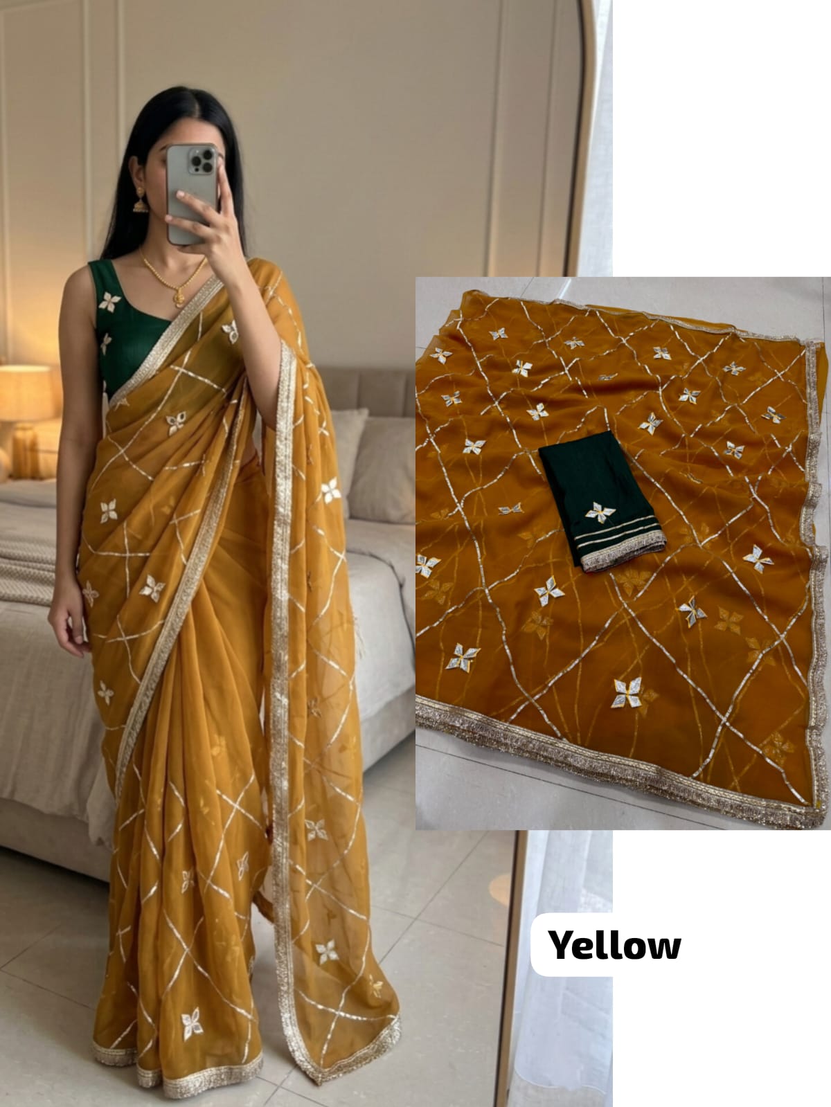 Mustard Yellow Designer Georgette Saree with Kacha Gotta work, lightweight royal georgette fabric, elegant traditional saree.