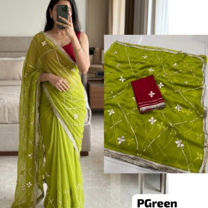 Parrot Green Designer Georgette Saree with Kacha Gotta work, original royal georgette fabric, stylish ethnic celebration saree.