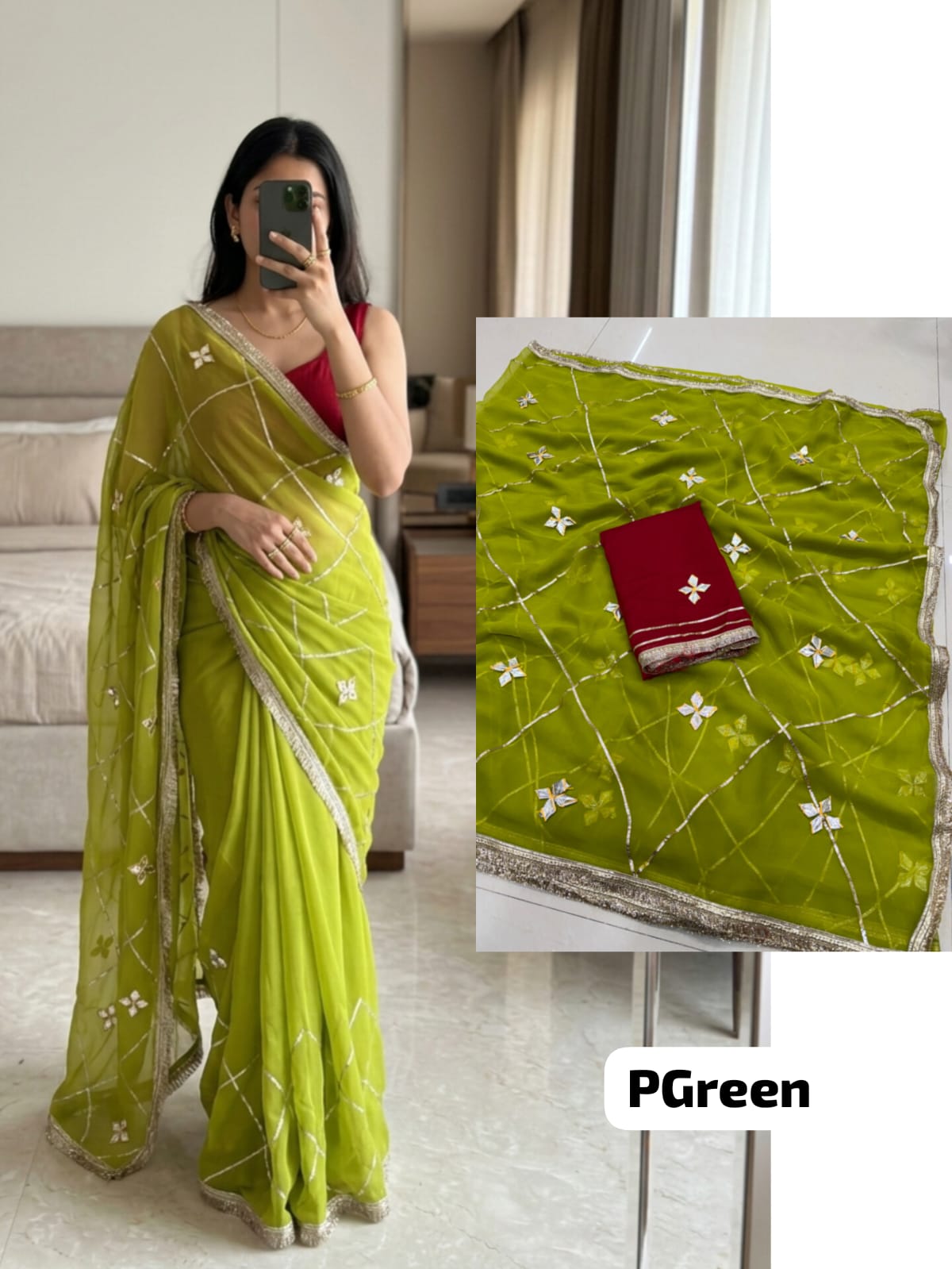 Parrot Green Designer Georgette Saree with Kacha Gotta work, original royal georgette fabric, stylish ethnic celebration saree.