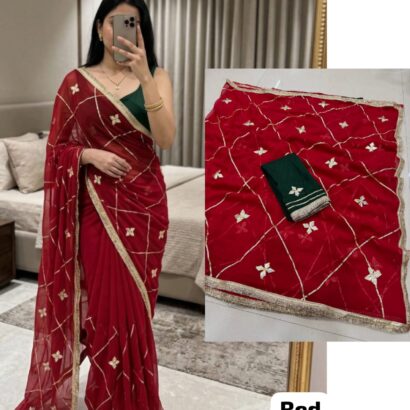 Red Designer Georgette Saree with Kacha Gotta work, original royal georgette fabric, classic wedding and festive saree.