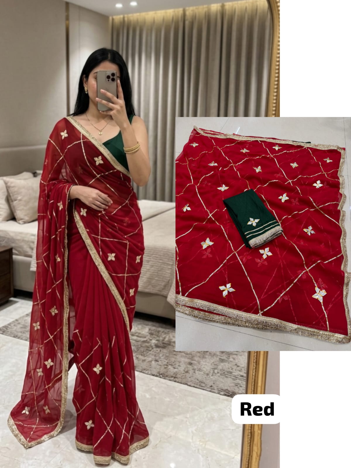 Red Designer Georgette Saree with Kacha Gotta work, original royal georgette fabric, classic wedding and festive saree.