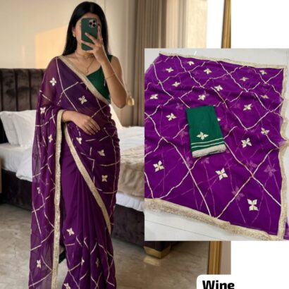 Wine Purple Designer Georgette Saree with Kacha Gotta work, luxurious royal georgette fabric, elegant party wear saree.