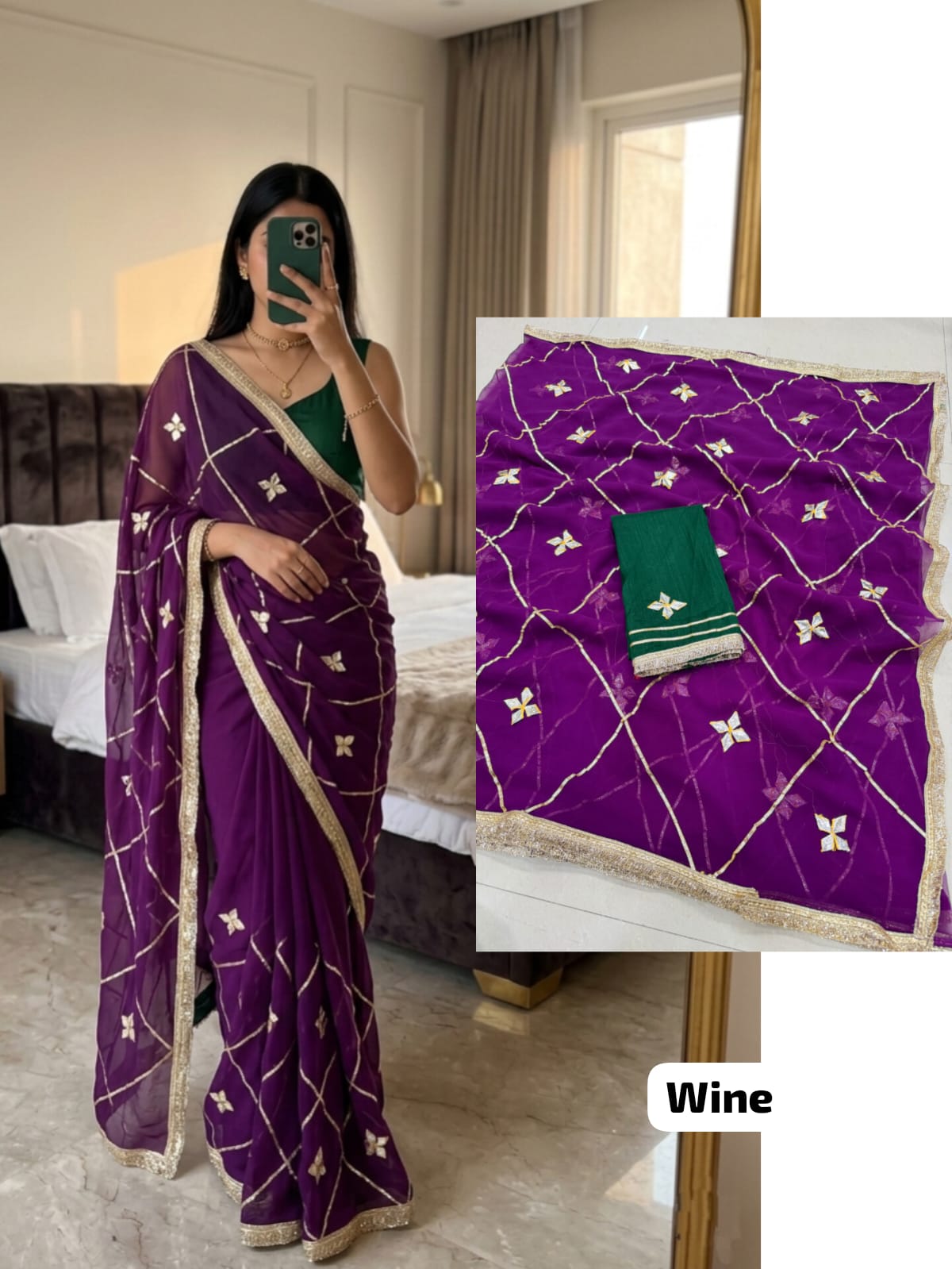 Wine Purple Designer Georgette Saree with Kacha Gotta work, luxurious royal georgette fabric, elegant party wear saree.