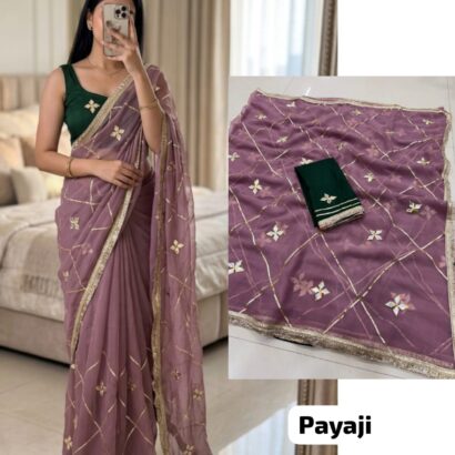 Mauve Pink Designer Georgette Saree with Kacha Gotta work, premium royal georgette fabric, graceful festive wear saree.