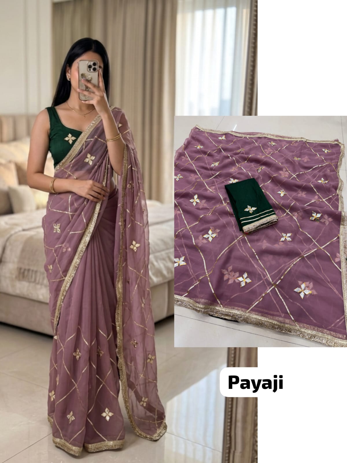 Mauve Pink Designer Georgette Saree with Kacha Gotta work, premium royal georgette fabric, graceful festive wear saree.
