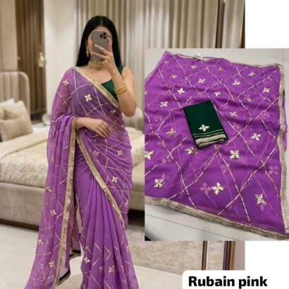 Rubine Pink Designer Georgette Saree with Kacha Gotta work, premium royal georgette fabric, stunning festive and wedding wear saree.