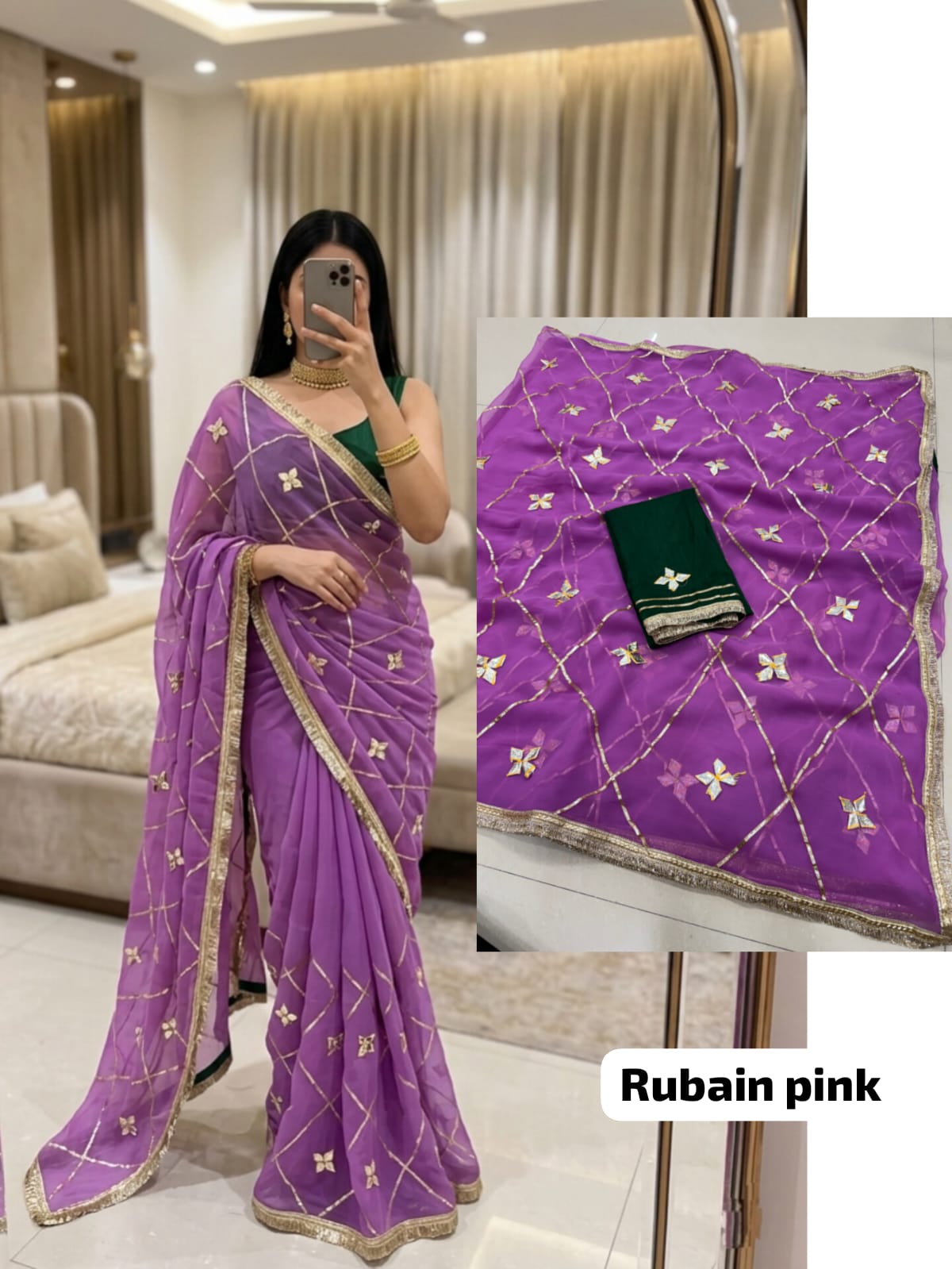 Rubine Pink Designer Georgette Saree with Kacha Gotta work, premium royal georgette fabric, stunning festive and wedding wear saree.