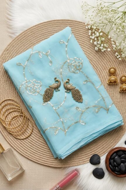Royal Georgette Aari Work Saree in Sky Blue Color featuring intricate Aari Tari embroidery, elegant drape, premium georgette fabric, and graceful ethnic party wear look.
