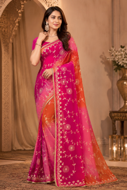 Premium Georgette Gota Patti Saree with Hand Gota Patti Work and Designer Border in Pink Multicolor Shades