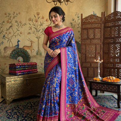 Blue Patola Silk Saree with Shikargah Print featuring intricate deer, elephant and bird motifs, rich sapphire blue double ikat design, magenta border, and gold zari pallu for festive and wedding wear.