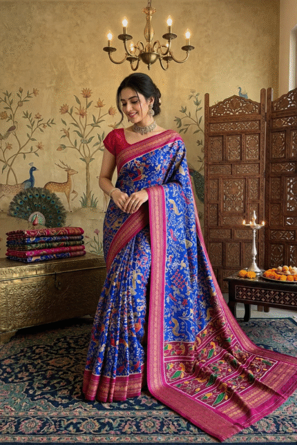 Blue Patola Silk Saree with Shikargah Print featuring intricate deer, elephant and bird motifs, rich sapphire blue double ikat design, magenta border, and gold zari pallu for festive and wedding wear.