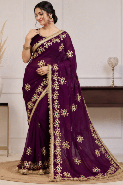 Wine Georgette Gota Patti Saree adorned with elegant gold gota work, designer border, matching blouse, ideal for weddings and festive events.