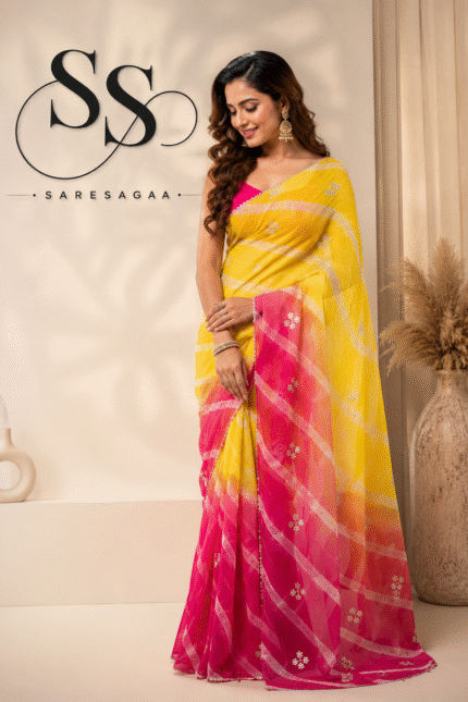 Multicolor Leheriya Chiffon Saree with Handwork, Half Pure Chiffon Fabric and Matching Blouse, Perfect for Every Occasion