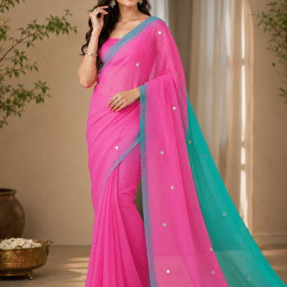 Half Pure Chiffon Saree with Foil Mirror Patra Work and Matching Blouse, lightweight designer ethnic saree perfect for every occasion.