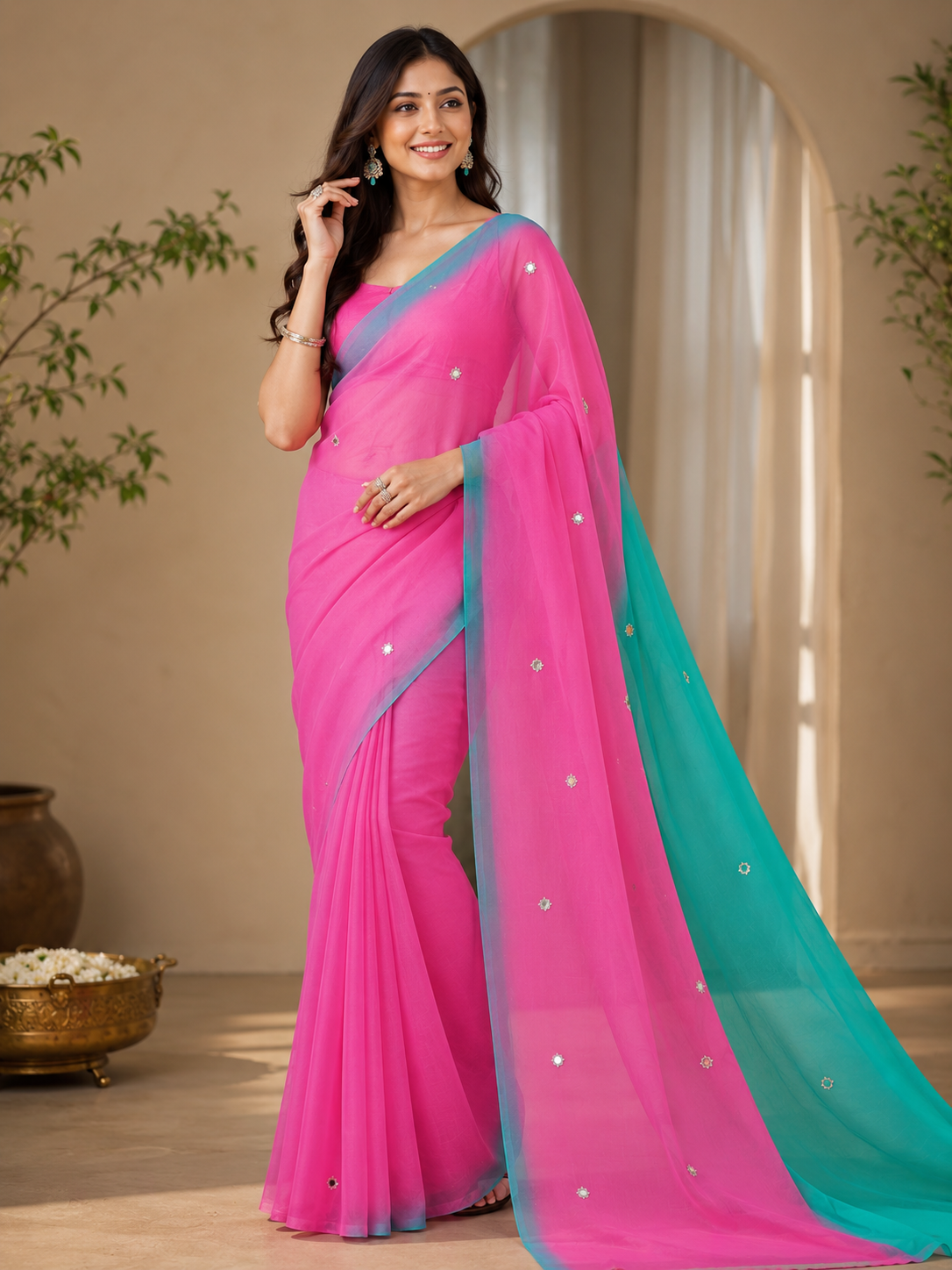 Half Pure Chiffon Saree with Foil Mirror Patra Work and Matching Blouse, lightweight designer ethnic saree perfect for every occasion.