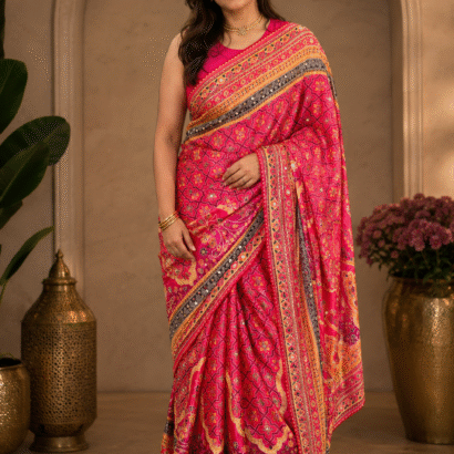 Rani pink Soft Chinon Silk Digital Print Saree with Hand Aari Work, 2000+ Real Mirror Work, Gota Piping Border and Matching Unstitched Blouse for Wedding & Festive Wear