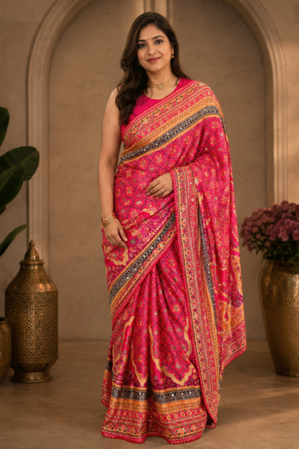 Rani pink Soft Chinon Silk Digital Print Saree with Hand Aari Work, 2000+ Real Mirror Work, Gota Piping Border and Matching Unstitched Blouse for Wedding & Festive Wear