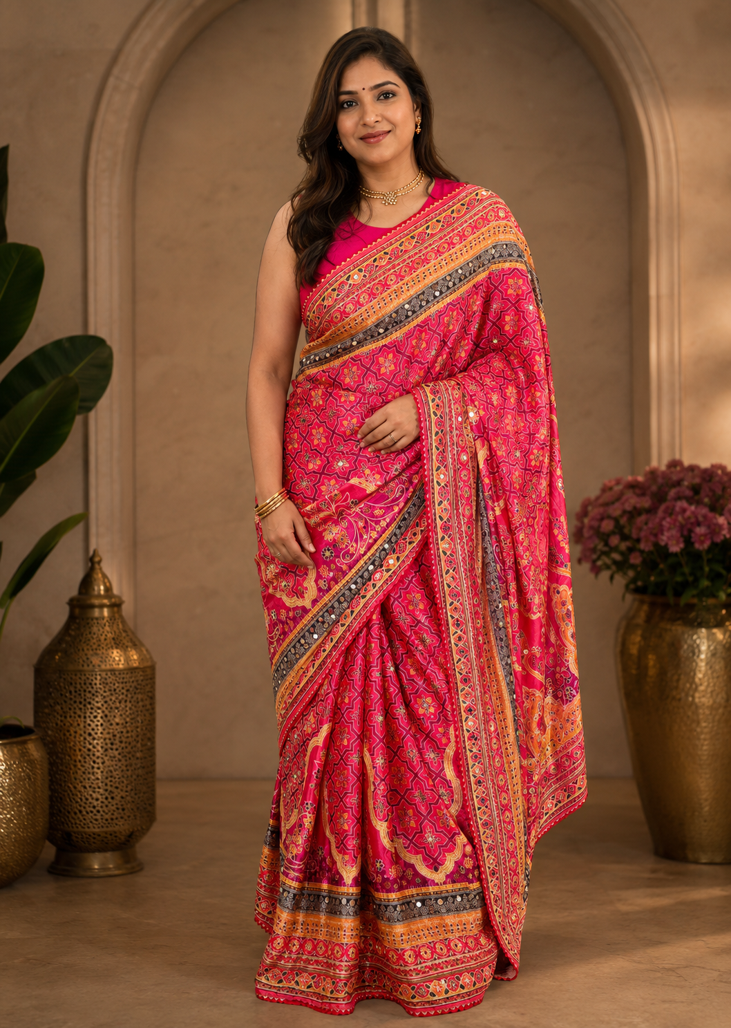 Rani pink Soft Chinon Silk Digital Print Saree with Hand Aari Work, 2000+ Real Mirror Work, Gota Piping Border and Matching Unstitched Blouse for Wedding & Festive Wear