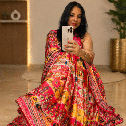 Soft Chinon Silk Digital Print Saree with Hand Aari Work, 2000+ Real Mirror Work, Gota Piping Border and Matching Unstitched Blouse for Wedding & Festive Wear