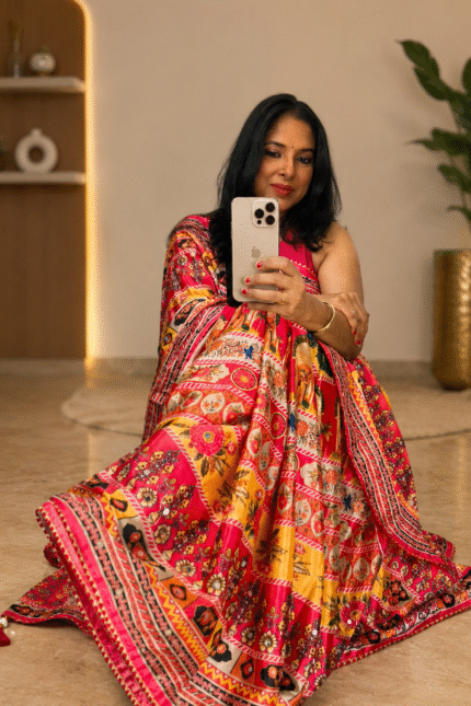 Soft Chinon Silk Digital Print Saree with Hand Aari Work, 2000+ Real Mirror Work, Gota Piping Border and Matching Unstitched Blouse for Wedding & Festive Wear