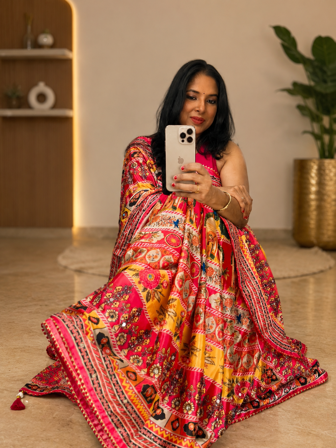 Soft Chinon Silk Digital Print Saree with Hand Aari Work, 2000+ Real Mirror Work, Gota Piping Border and Matching Unstitched Blouse for Wedding & Festive Wear