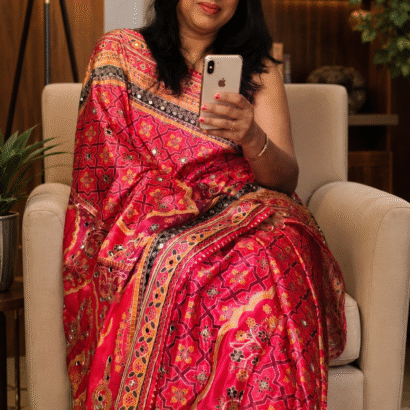 Soft Chinon Silk Digital Print Saree with Hand Aari Work, 2000+ Real Mirror Work, Gota Piping Border and Matching Unstitched Blouse for Wedding & Festive Wear
