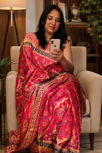 Soft Chinon Silk Digital Print Saree with Hand Aari Work, 2000+ Real Mirror Work, Gota Piping Border and Matching Unstitched Blouse for Wedding & Festive Wear