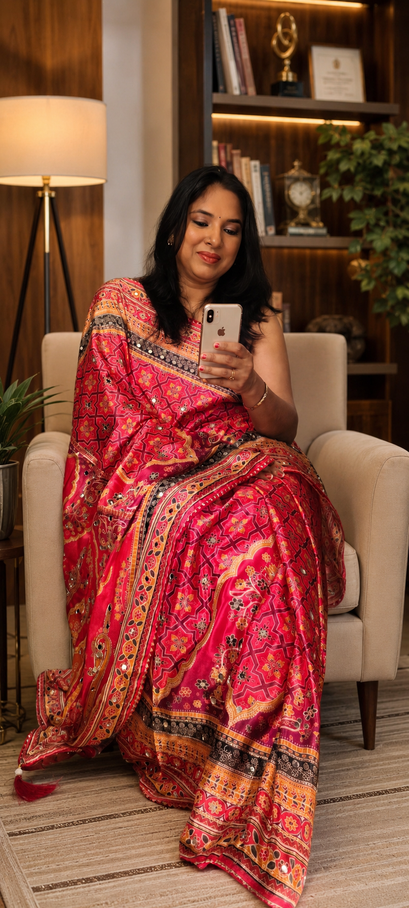 Soft Chinon Silk Digital Print Saree with Hand Aari Work, 2000+ Real Mirror Work, Gota Piping Border and Matching Unstitched Blouse for Wedding & Festive Wear