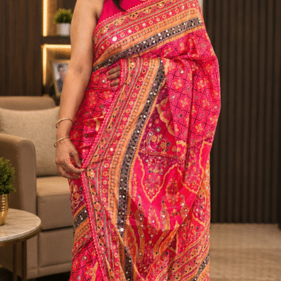 Soft Chinon Silk Digital Print Saree with Hand Aari Work, 2000+ Real Mirror Work, Gota Piping Border and Matching Unstitched Blouse for Wedding & Festive Wear