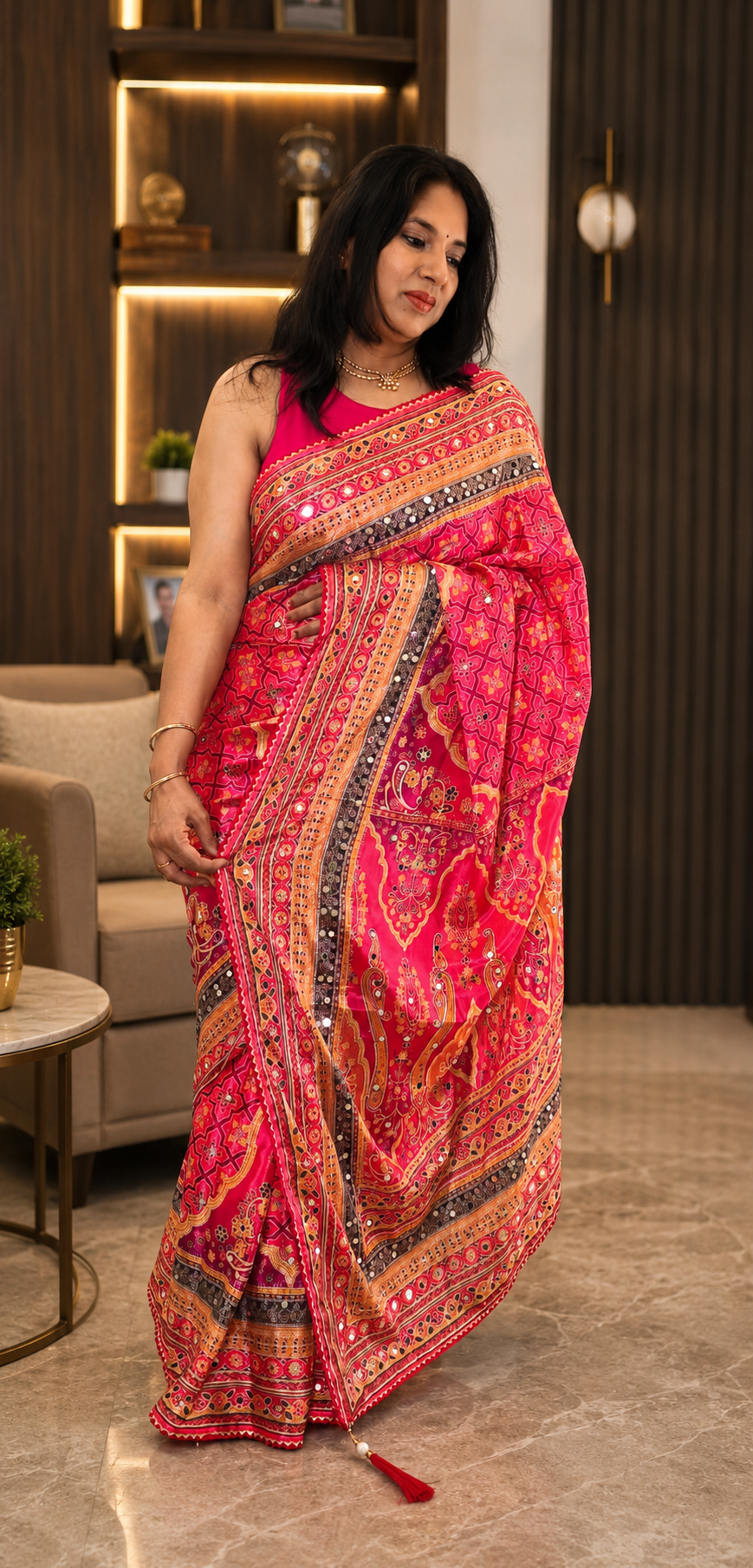 Soft Chinon Silk Digital Print Saree with Hand Aari Work, 2000+ Real Mirror Work, Gota Piping Border and Matching Unstitched Blouse for Wedding & Festive Wear