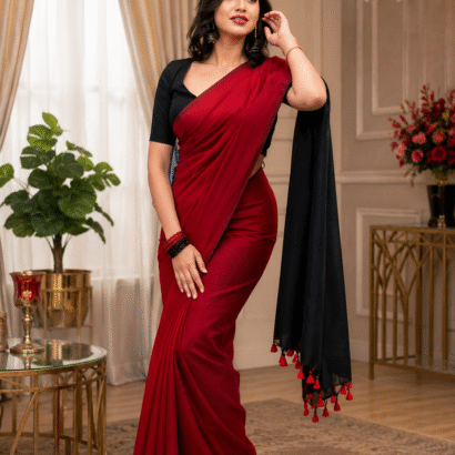 Red and Black Sico Khadi Cotton Saree with contrast blouse piece, matching tassel pallu, soft lightweight fabric, elegant traditional ethnic wear for women.