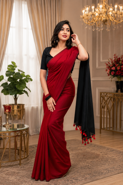 Red and Black Sico Khadi Cotton Saree with contrast blouse piece, matching tassel pallu, soft lightweight fabric, elegant traditional ethnic wear for women.