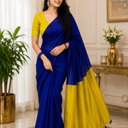Royal Blue and Mustard Yellow Sico Khadi Cotton Saree with contrast blouse piece, matching tassel pallu, soft lightweight fabric, elegant traditional ethnic wear for women.