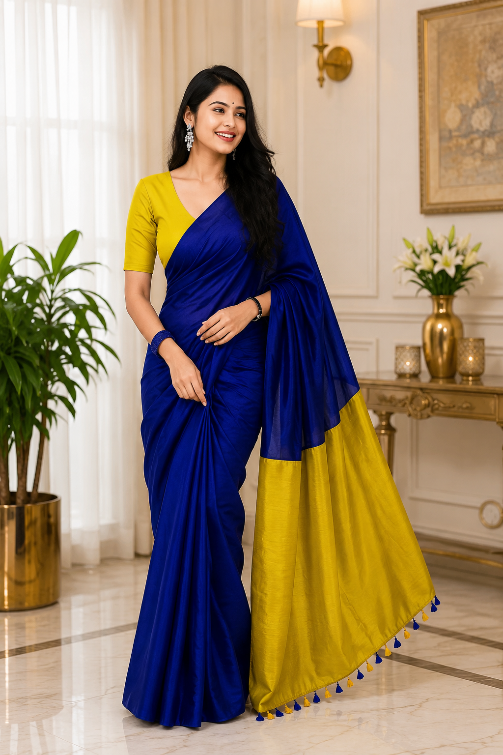 Royal Blue and Mustard Yellow Sico Khadi Cotton Saree with contrast blouse piece, matching tassel pallu, soft lightweight fabric, elegant traditional ethnic wear for women.