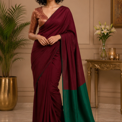 Red and Green Sico Khadi Cotton Saree with contrast blouse piece, matching tassel pallu, soft lightweight fabric, elegant traditional ethnic wear for women.