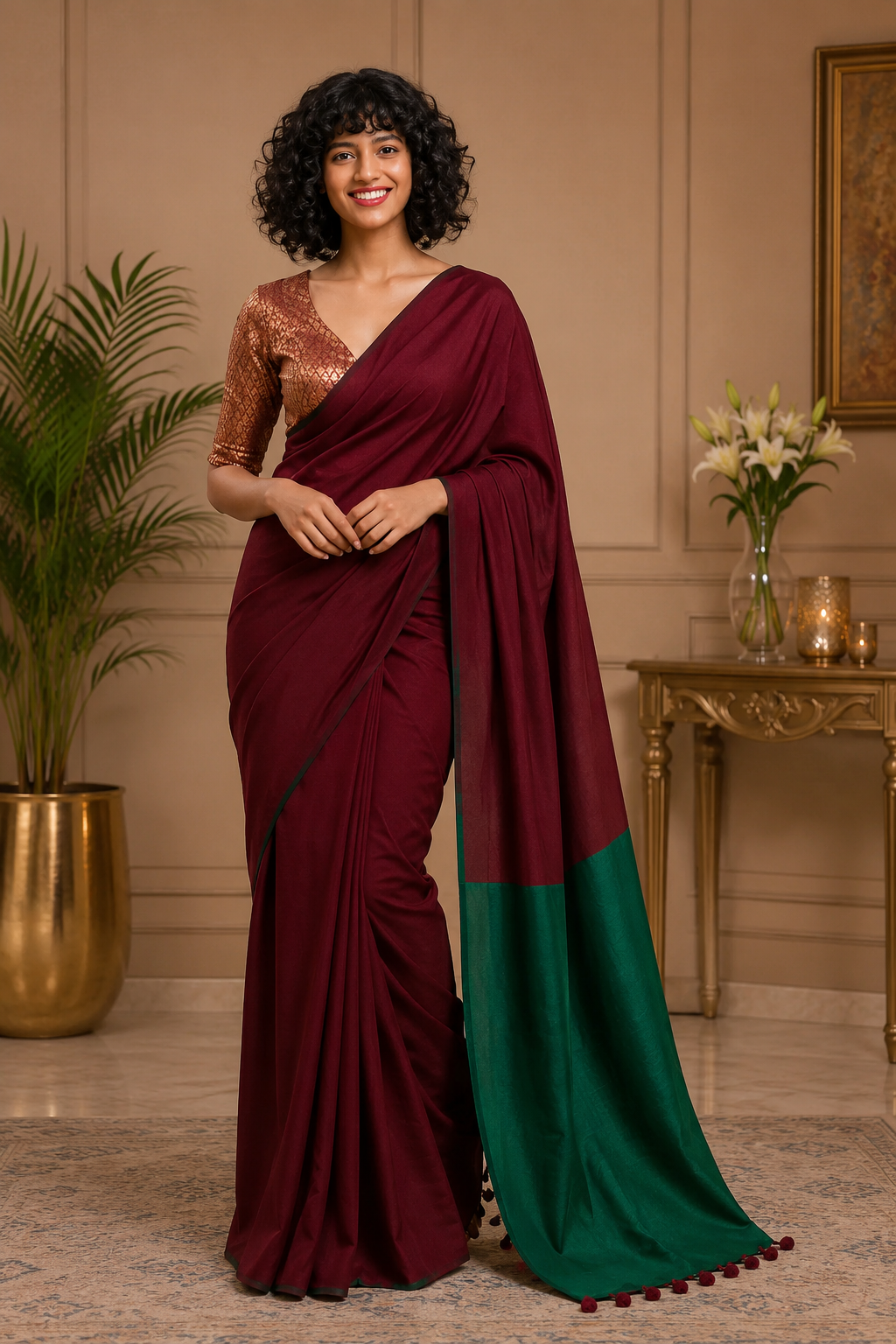 Red and Green Sico Khadi Cotton Saree with contrast blouse piece, matching tassel pallu, soft lightweight fabric, elegant traditional ethnic wear for women.