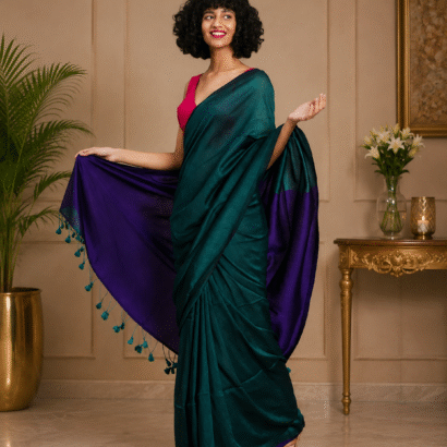 Bottle green & Royal purple Sico Khadi Cotton Saree with contrast blouse piece, matching tassel pallu, soft lightweight fabric, elegant traditional ethnic wear for women.