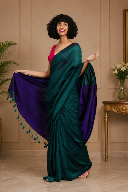 Bottle green & Royal purple Sico Khadi Cotton Saree with contrast blouse piece, matching tassel pallu, soft lightweight fabric, elegant traditional ethnic wear for women.