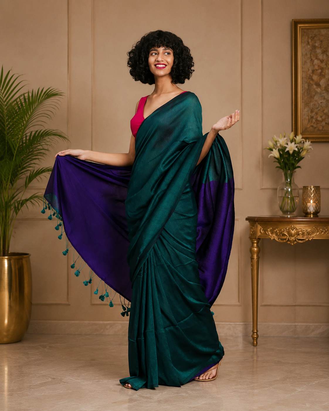 Bottle green & Royal purple Sico Khadi Cotton Saree Bottle green & Royal purple Sico Khadi Cotton Saree with contrast blouse piece, matching tassel pallu, soft lightweight fabric, elegant traditional ethnic wear for women.
