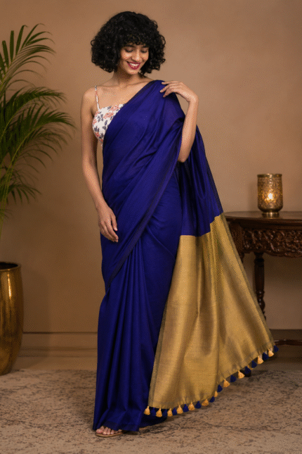 Royal Blue and Antique Gold Sico Khadi Cotton Saree with contrast blouse piece, matching tassel pallu, soft lightweight fabric, elegant traditional ethnic wear for women.