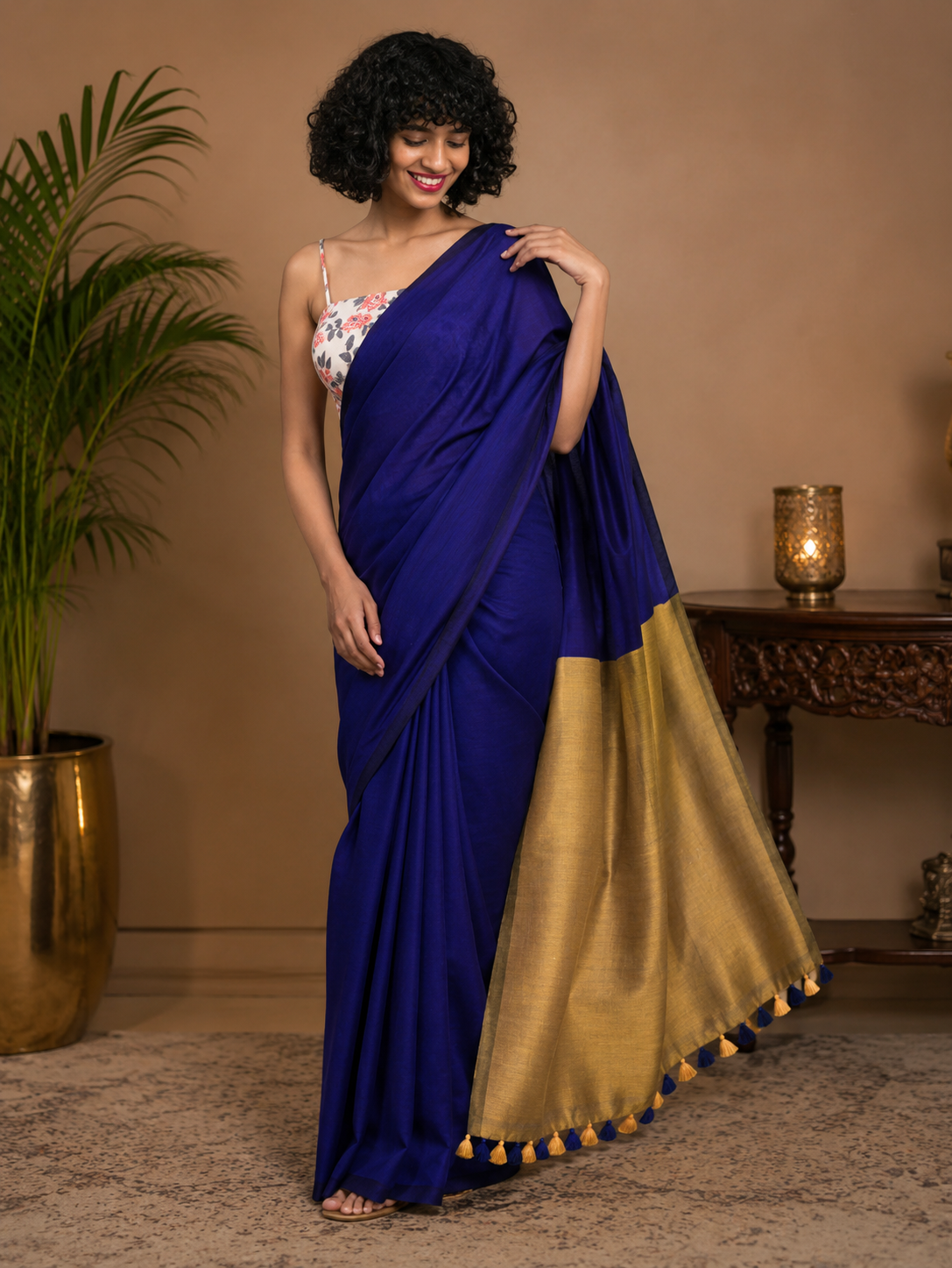Royal Blue and Antique Gold Sico Khadi Cotton Saree with contrast blouse piece, matching tassel pallu, soft lightweight fabric, elegant traditional ethnic wear for women.