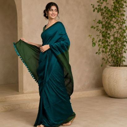 Sico Khadi Cotton Saree Teal Blue & Olive Green with contrast blouse piece, matching tassel pallu, soft lightweight fabric, elegant traditional ethnic wear for women.