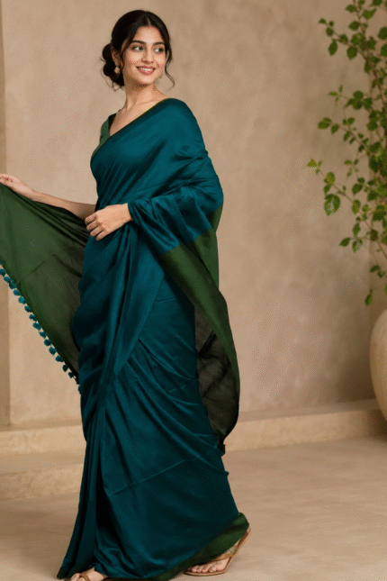 Sico Khadi Cotton Saree Teal Blue & Olive Green with contrast blouse piece, matching tassel pallu, soft lightweight fabric, elegant traditional ethnic wear for women.