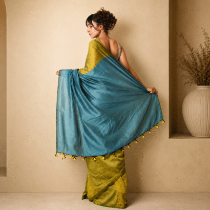 Sico Khadi Cotton Saree Steel Blue & Green with contrast blouse piece, matching tassel pallu, soft lightweight fabric, elegant traditional ethnic wear for women.